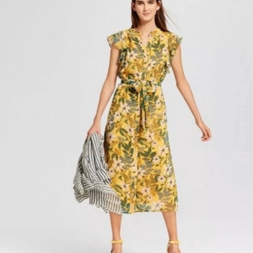 Yellow Floral Midi Dress with Waist Tie